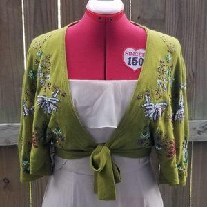 Arden B Green Sequin embellished Embroidered Boho Wrap Top with flowy sleeves